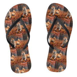 Shib Inu in Autumn Leaves Fall Inspire Flip Flops