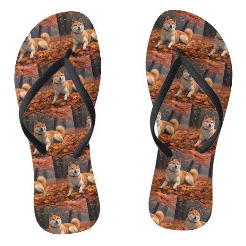 Shib Inu in Autumn Leaves Fall Inspire  Flip Flops