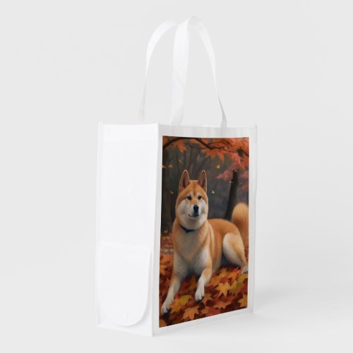 Shib Inu in Autumn Leaves Fall Inspire  Grocery Bag