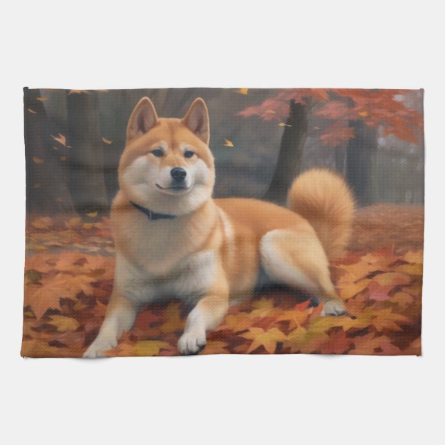 Shib Inu in Autumn Leaves Fall Inspire  Kitchen Towel (Horizontal)