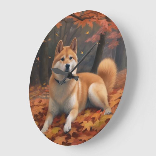 Shib Inu in Autumn Leaves Fall Inspire  Large Clock