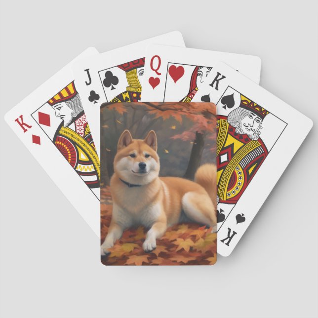 Shib Inu in Autumn Leaves Fall Inspire  Poker Cards (Back)