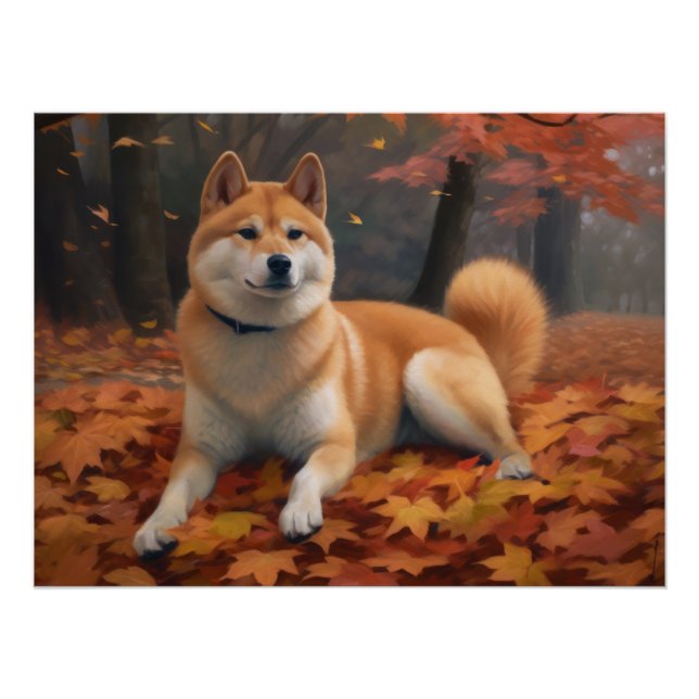 Shib Inu in Autumn Leaves Fall Inspire  Poster (Front)
