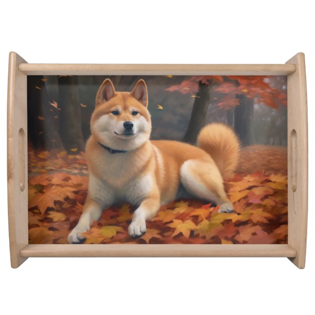 Shib Inu in Autumn Leaves Fall Inspire  Serving Tray (Front)