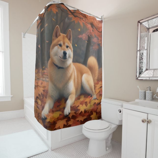 Shib Inu in Autumn Leaves Fall Inspire  Shower Curtain (In Situ)