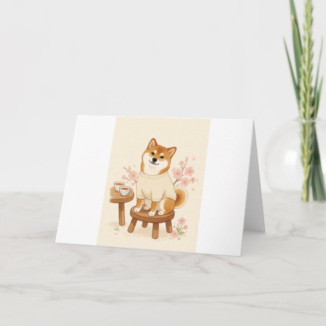 Shiba Cherry Tea Afternoon Greeting Card