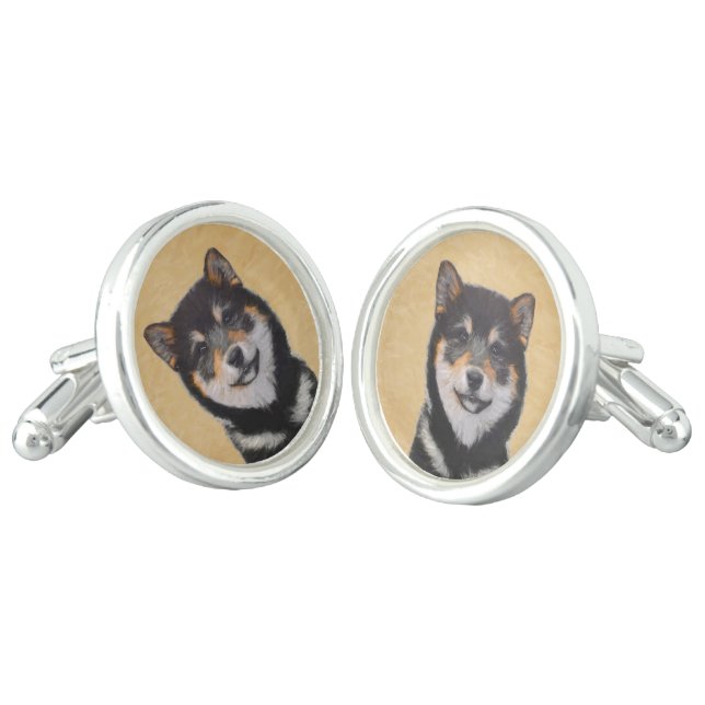 Shiba Inu (Black and Tan) Painting - Dog Art Cufflinks (Angled)