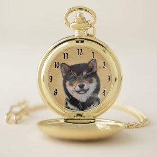 Shiba Inu (Black and Tan) Painting - Dog Art Pocket Watch