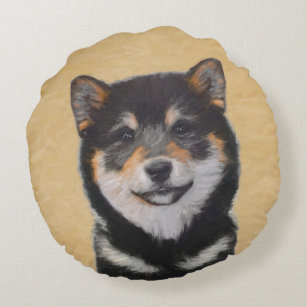 Shiba Inu (Black and Tan) Painting - Dog Art Round Pillow