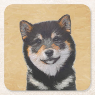 Shiba Inu (Black and Tan) Painting - Dog Art Square Paper Coaster