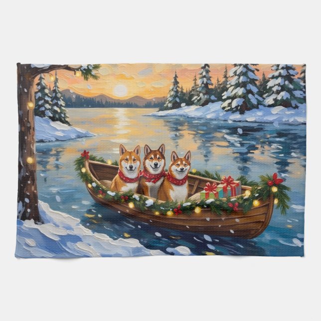 Shiba Inu Christmas Boat Holiday Kitchen Towel (Horizontal)