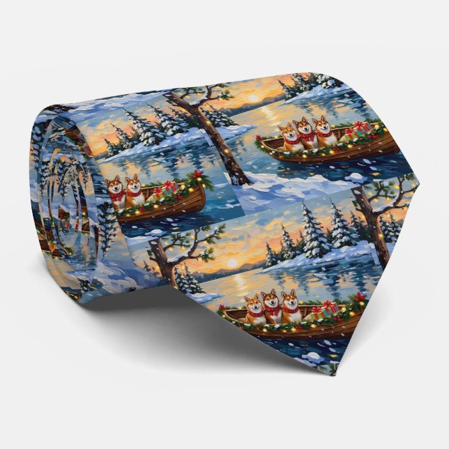 Shiba Inu Christmas Boat Holiday Neck Tie (Rolled)