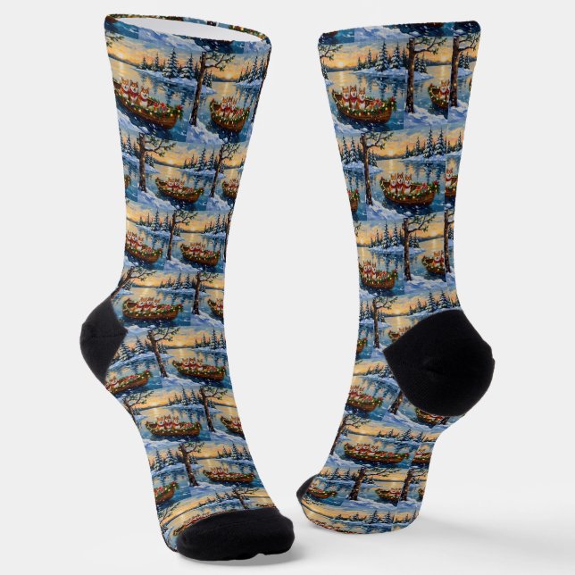 Shiba Inu Christmas Boat Holiday Socks (Angled)