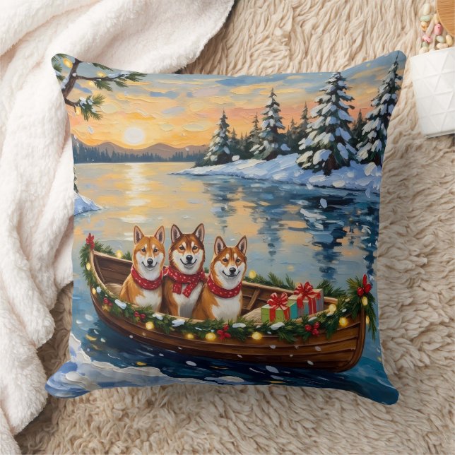 Shiba Inu Christmas Boat Holiday Throw Pillow (Blanket)