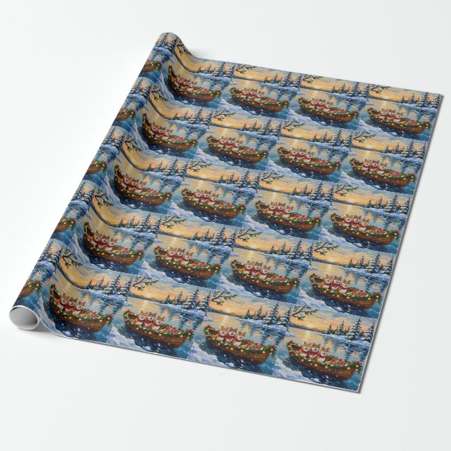 Shiba Inu Christmas Boat Holiday Wrapping Paper (Unrolled)