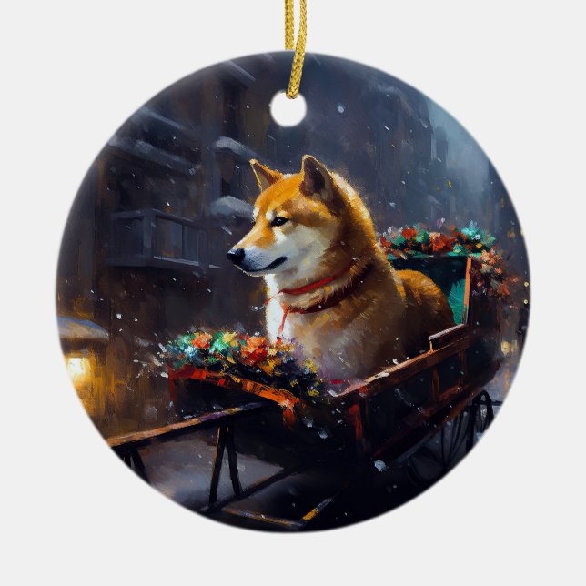 Shiba Inu Christmas Festive Season  Ceramic Ornament (Front)