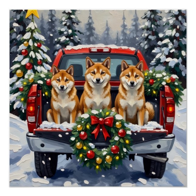 Shiba Inu Christmas Red Truck Holiday Poster (Front)
