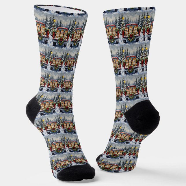 Shiba Inu Christmas Red Truck Holiday Socks (Angled)