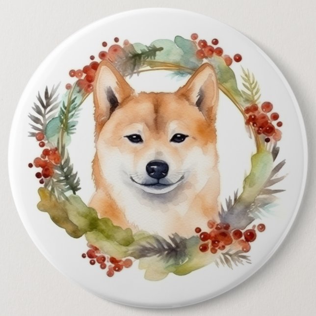 Shiba Inu Christmas Wreath Festive Pup Button (Front)
