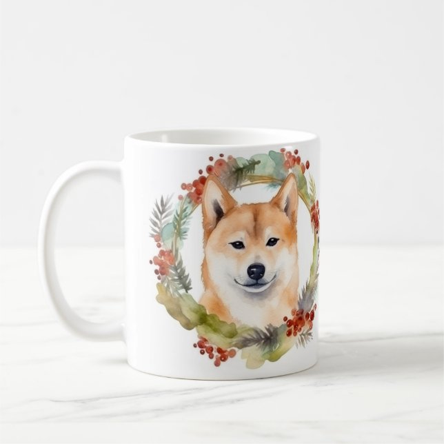 Shiba Inu Christmas Wreath Festive Pup Coffee Mug (Left)