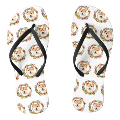 Shiba Inu Christmas Wreath Festive Pup Flip Flops