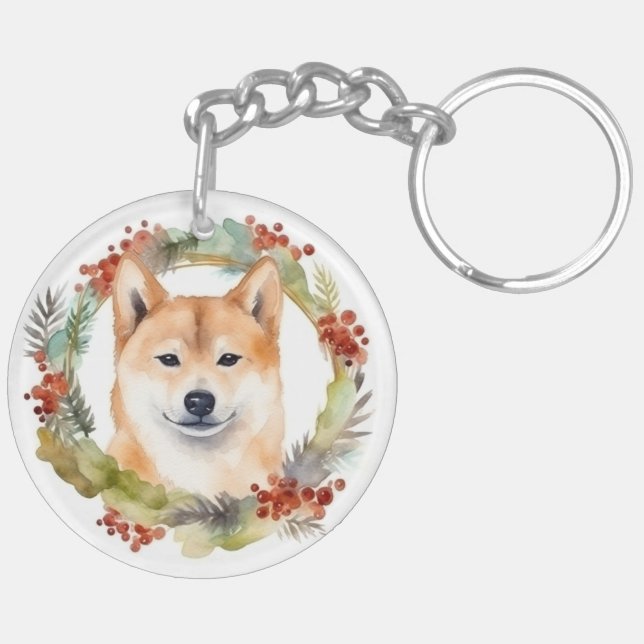 Shiba Inu Christmas Wreath Festive Pup Keychain (Back Left)