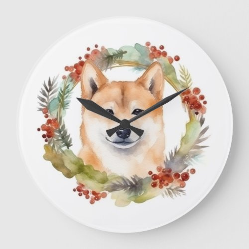 Shiba Inu Christmas Wreath Festive Pup Large Clock