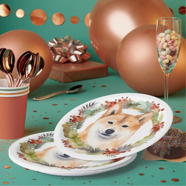 Shiba Inu Christmas Wreath Festive Pup Paper Plates (Multi)