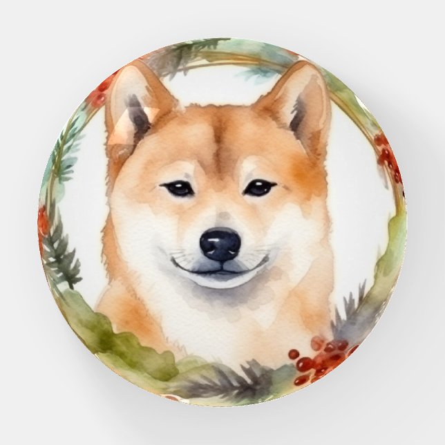 Shiba Inu Christmas Wreath Festive Pup Paperweight (Front)