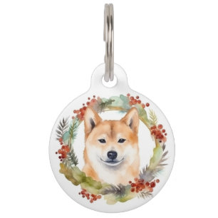 Shiba Inu Christmas Wreath Festive Pup Pet ID Tag