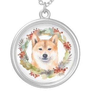 Shiba Inu Christmas Wreath Festive Pup Silver Plated Necklace