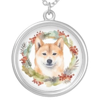 Shiba Inu Christmas Wreath Festive Pup Silver Plated Necklace by aashiarsh at Zazzle