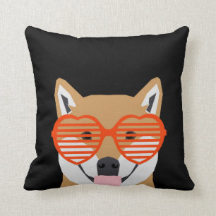 Shiba Inu - Cute heart glasses -black white design Throw Pillow