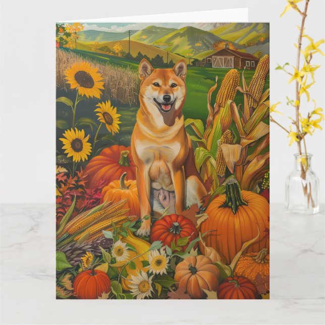 Shiba Inu Dog Autumn Harvest Thanksgiving Card (Yellow Flower)