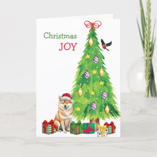 Shiba Inu Dog Bird and Christmas Tree Holiday Card