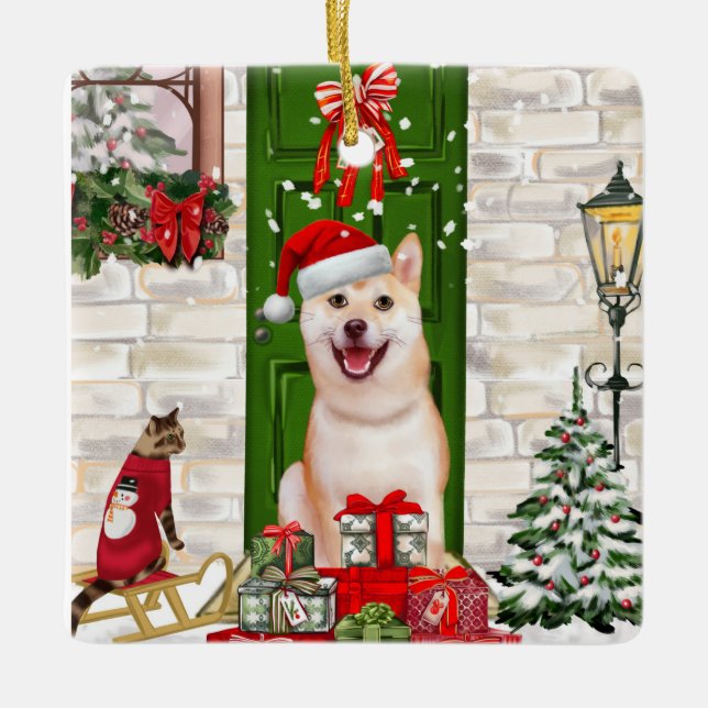 Shiba Inu Dog Christmas  Ceramic Ornament (Front)
