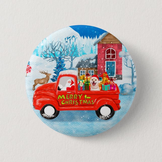 Shiba Inu Dog Christmas Delivery Truck Snow  Button (Front)