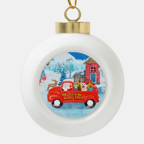 Shiba Inu Dog Christmas Delivery Truck Snow Ceramic Ball Christmas Ornament