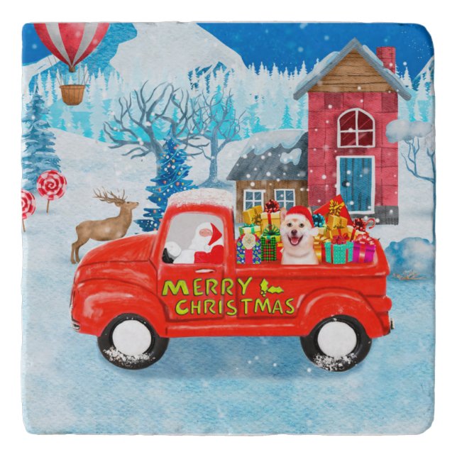 Shiba Inu Dog Christmas Delivery Truck Snow Trivet (Front)