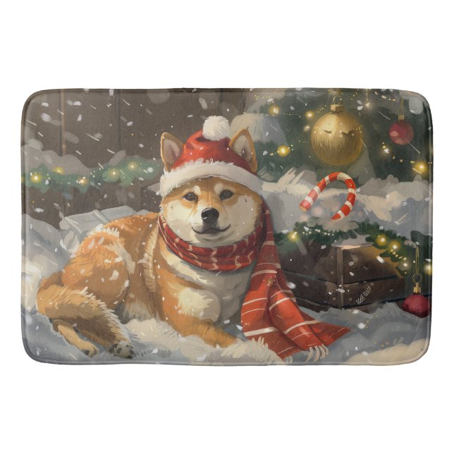 Shiba Inu Dog Christmas Festive Bath Mat (Front)