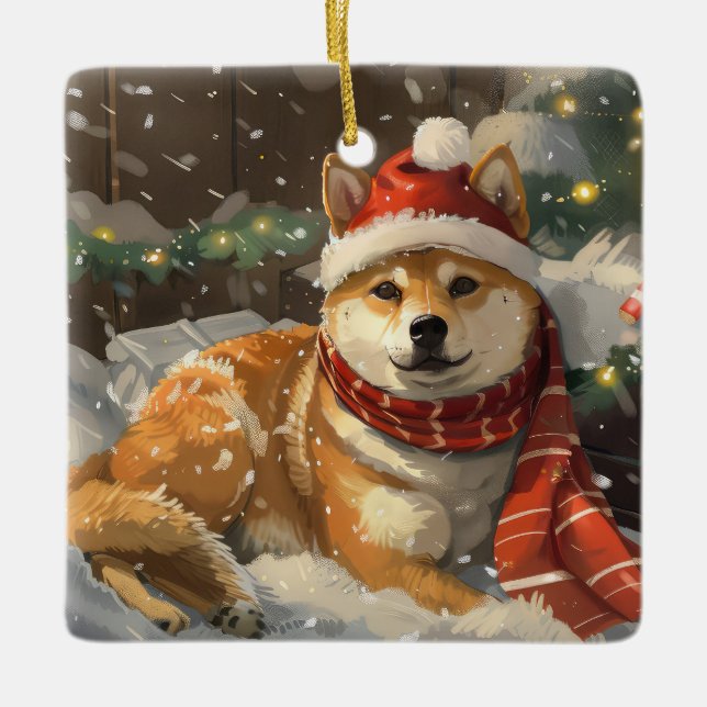 Shiba Inu Dog Christmas Festive Ceramic Ornament (Front)