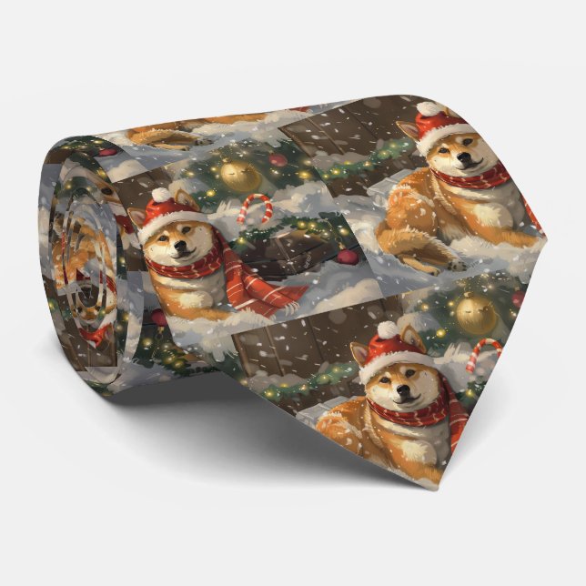 Shiba Inu Dog Christmas Festive Neck Tie (Rolled)