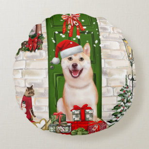 Shiba Inu Dog Christmas  Round Pillow