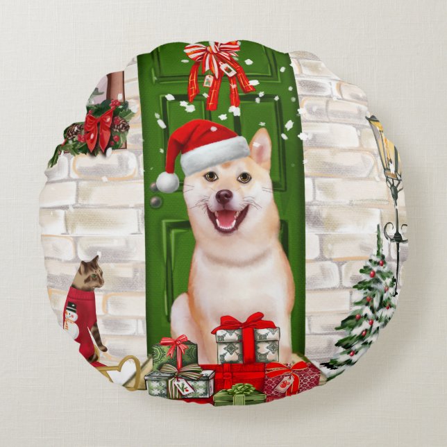 Shiba Inu Dog Christmas  Round Pillow (Front)