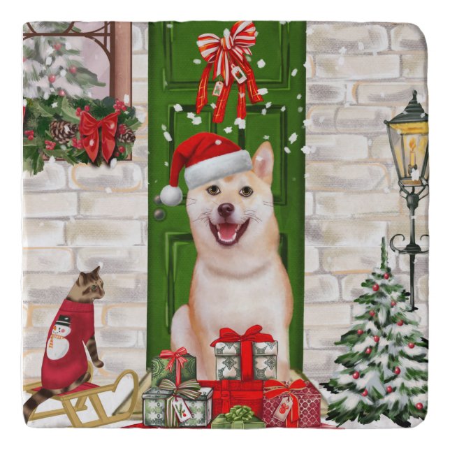 Shiba Inu Dog Christmas Trivet (Front)