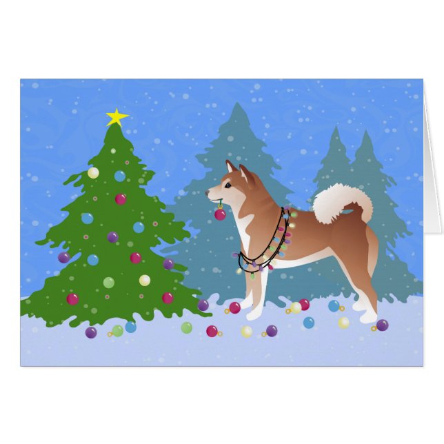 Shiba Inu Dog Decorating Christmas Tree Card (Front Horizontal)