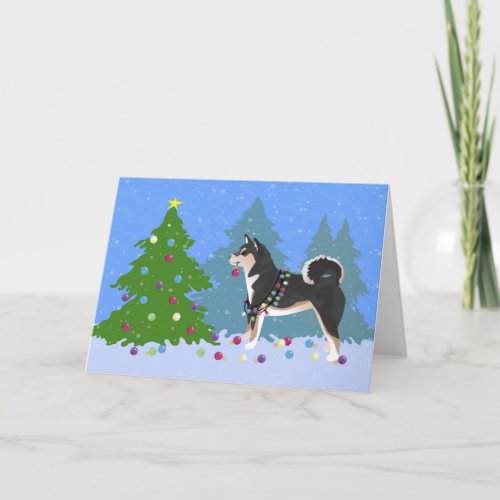 Shiba Inu Dog Decorating Christmas Tree Holiday Card