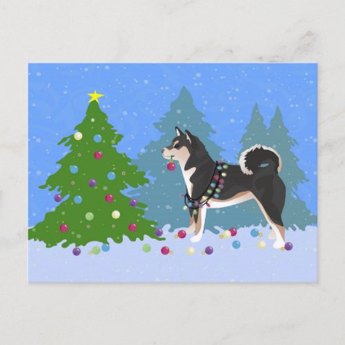 Shiba Inu Dog Decorating Christmas Tree Holiday Postcard
