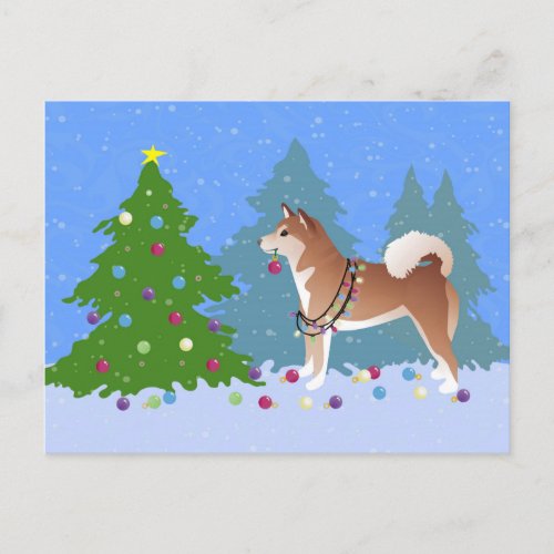 Shiba Inu Dog Decorating Christmas Tree Holiday Postcard