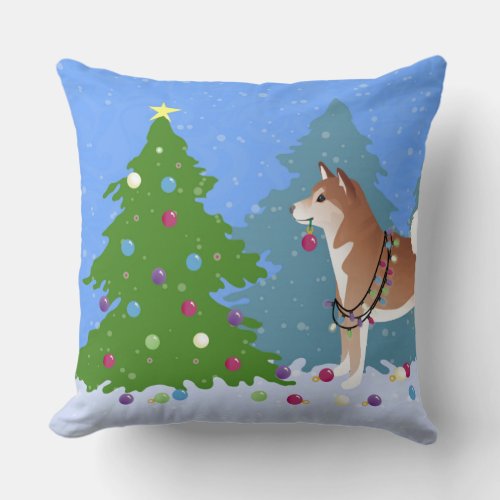 Shiba Inu Dog Decorating Christmas Tree Throw Pillow